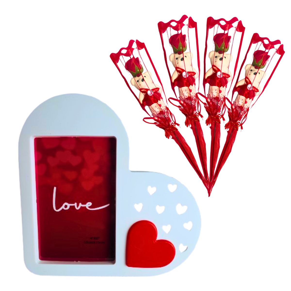 Kit Porta Retrato Coração Branco Amor Love + 4 Botões de Rosas Artificial C/Ursinho Kit Porta Retrato Coração Branco Amor Love + 4 Botões de Rosas Artificial C/Ursinho